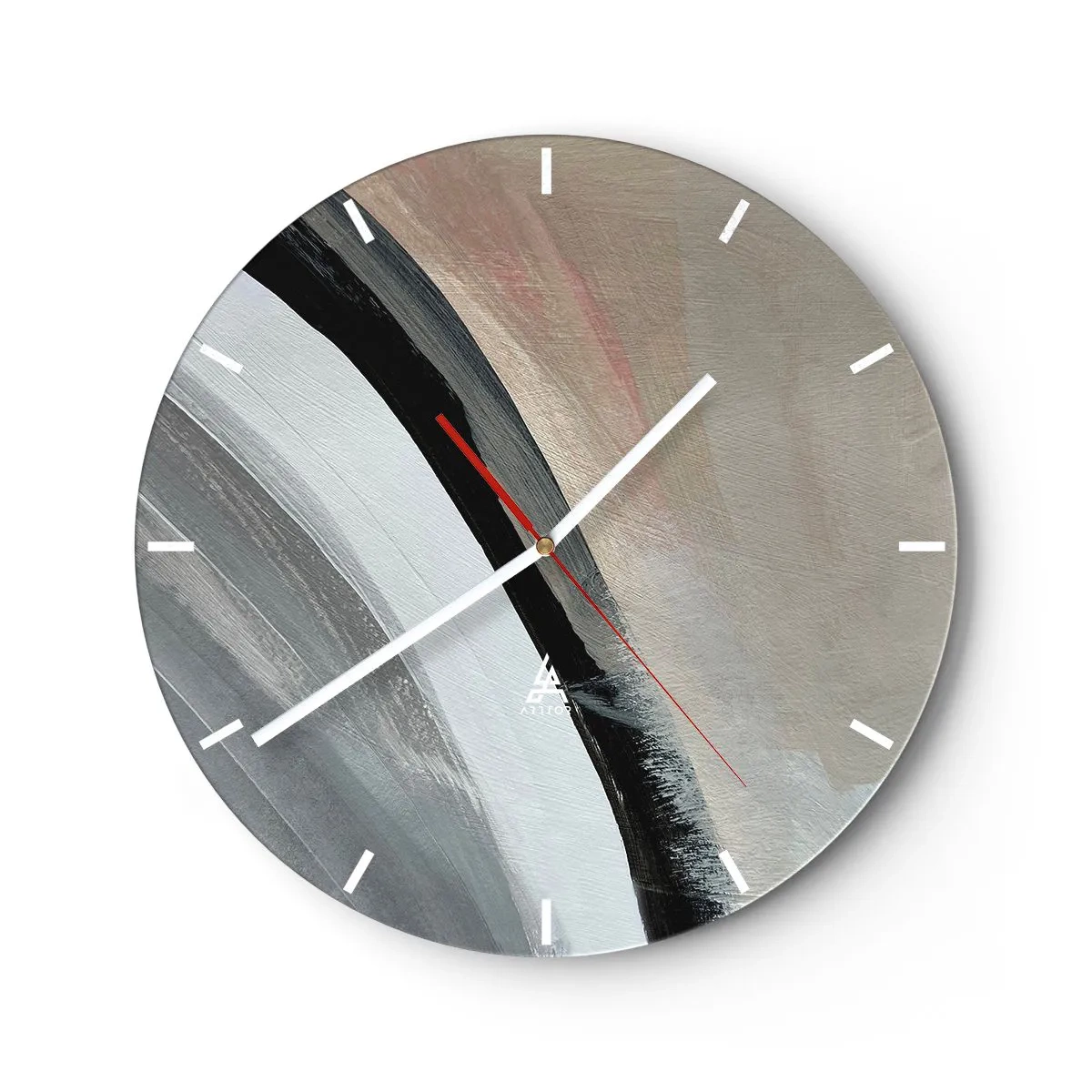 Wall clock - Clock on glass - Abstract composition with a black arc and shades of gray - 30x30cm - Composition: Arc of Black and Grey - Modern wall decoration for the living room, kitchen, and bedroom ARTTOR