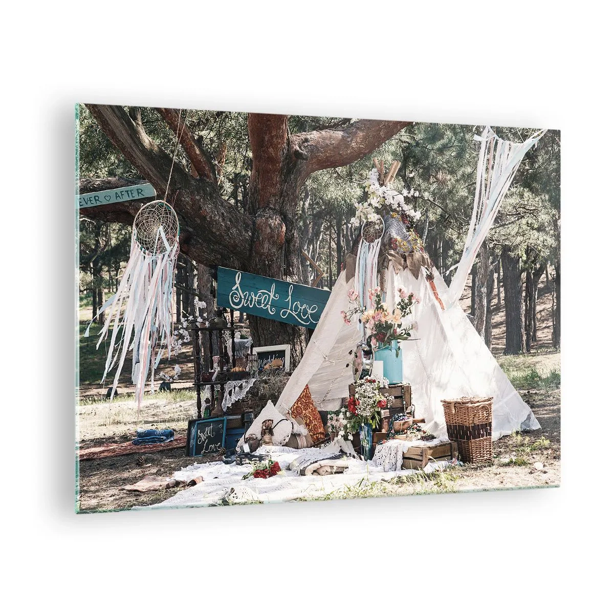 Glass picture - Boho outdoor decoration with a tipi and flowers in the forest - 70x50cm - Make Love… - Modern wall decoration for the living room and bedroom ARTTOR
