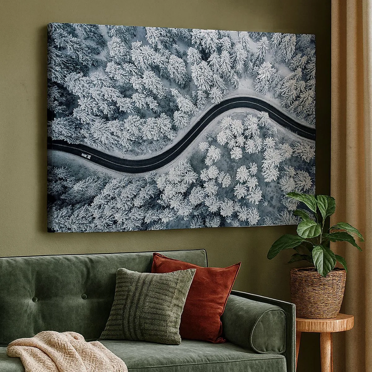 Canvas picture - A bird's eye view of a winding road in a winter forest - 70x50cm - Through Wintery Forest - Modern wall decoration for the living room and bedroom ARTTOR