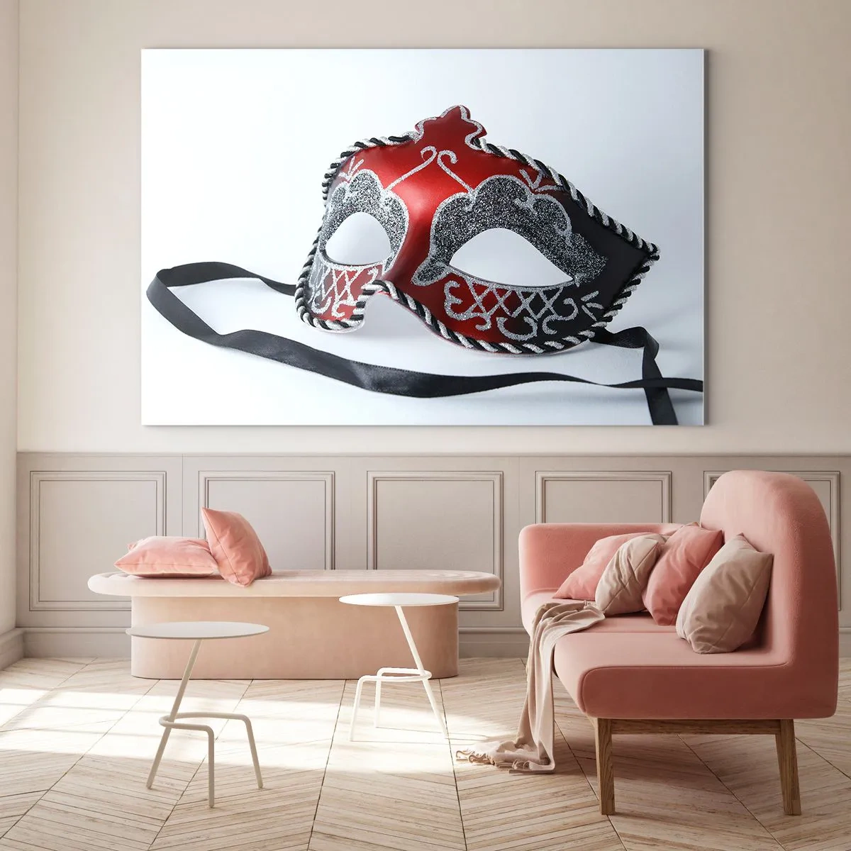 Glass picture - Carnival mask in red and silver - 70x50cm - Invitation to a Ball - Modern wall decoration for the living room and bedroom ARTTOR