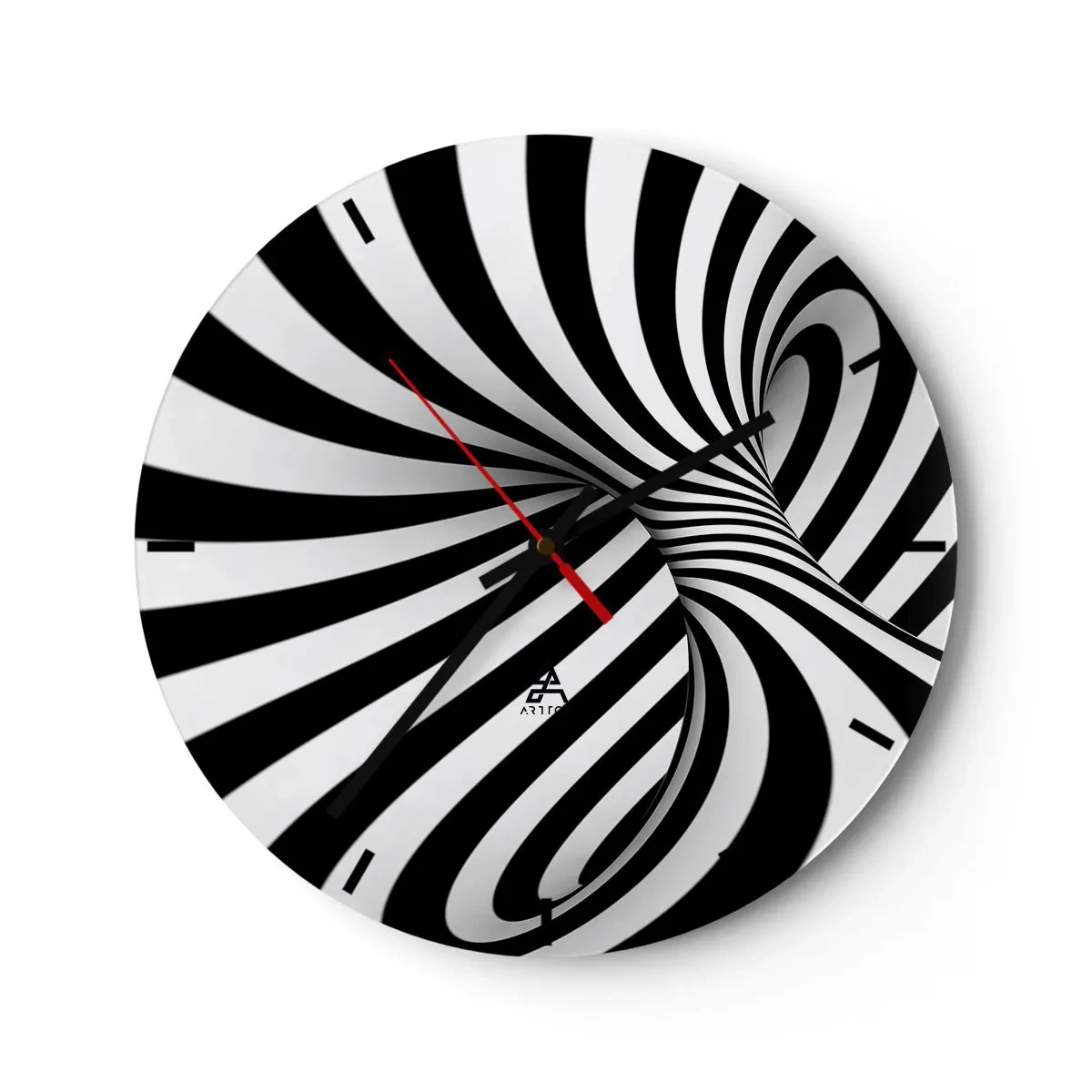 Wall clock - Clock on glass - Black and white abstract optical tunnel - 30x30cm - Composition: Dancing Space - Modern wall decoration for the living room, kitchen, and bedroom ARTTOR