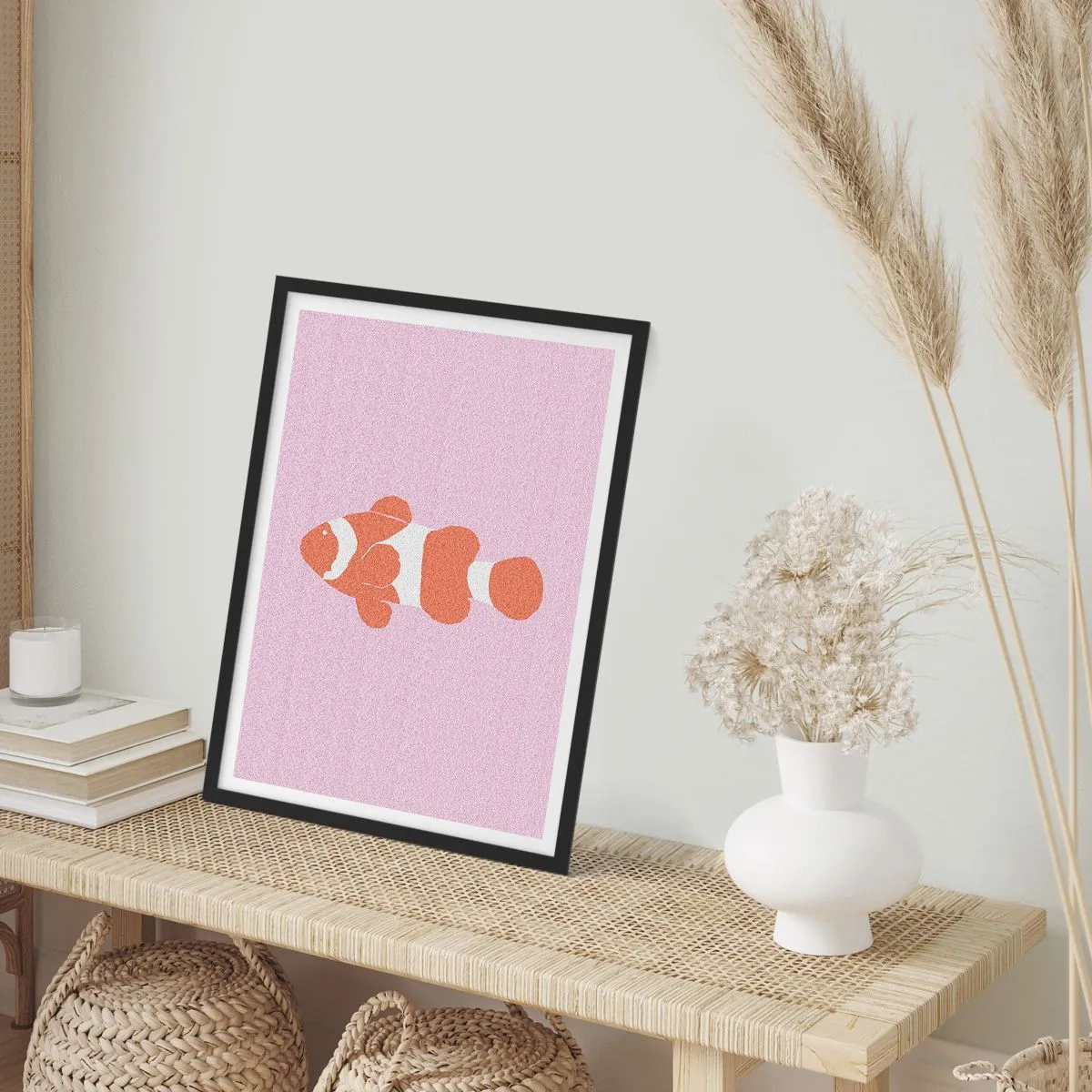 Poster in black frame - Orange clownfish on a purple background - 50x70cm - Coral Suits Her from Head to Tail - Modern wall decoration for the living room and bedroom ARTTOR