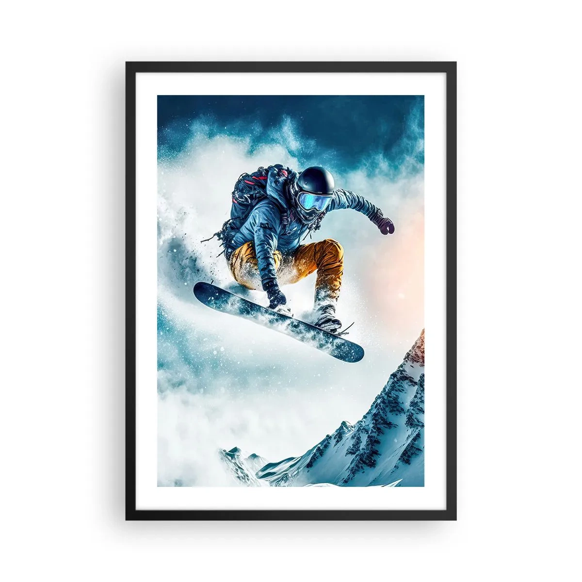 Poster in black frame - A snowboarder flies over a snow-capped mountain peak - 50x70cm - Extreme Emotions - Modern wall decoration for the living room and bedroom ARTTOR