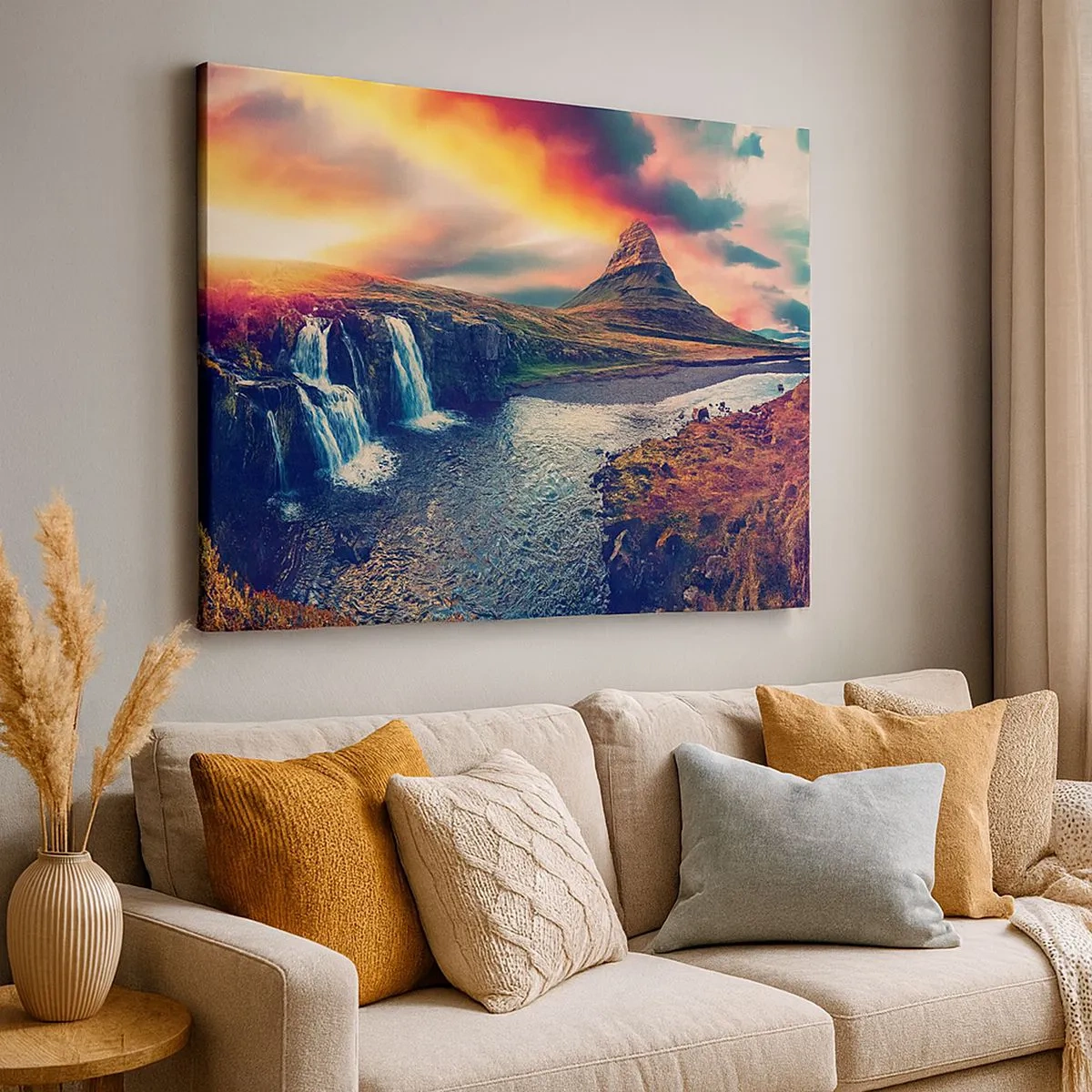 Canvas picture - View of the waterfall and mountain in the light of the setting sun - 70x50cm - In Majesty of Nature - Modern wall decoration for the living room and bedroom ARTTOR