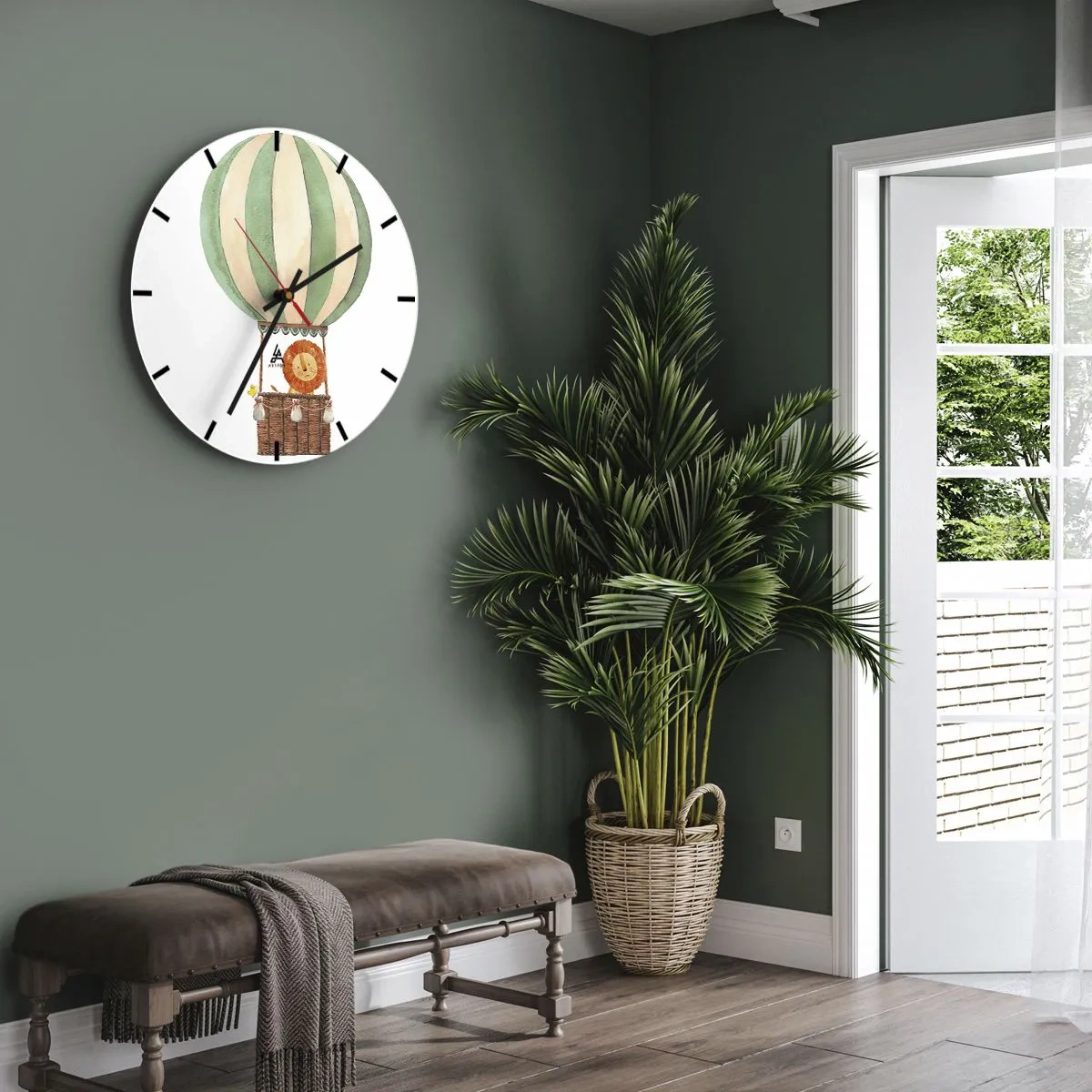 Wall clock - Clock on glass - A lion and a duck in a balloon on a white background - 30x30cm - Leon's Adventures - Modern wall decoration for the living room, kitchen, and bedroom ARTTOR