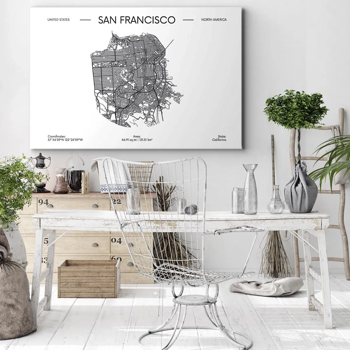 Canvas picture - A map of San Francisco in a black and white minimalist style. - 70x50cm - Anatomy of San Francisco - Modern wall decoration for the living room and bedroom ARTTOR