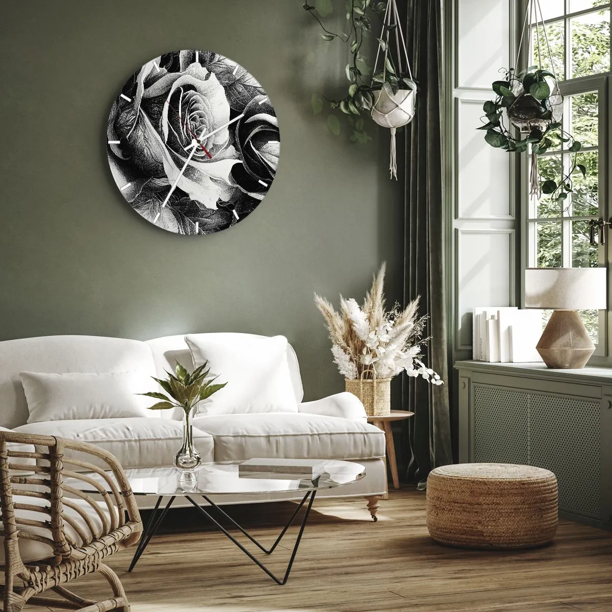 Wall clock - Clock on glass - Black and white rose artwork in a classic drawing style - 30x30cm - Always Queen - Modern wall decoration for the living room, kitchen, and bedroom ARTTOR