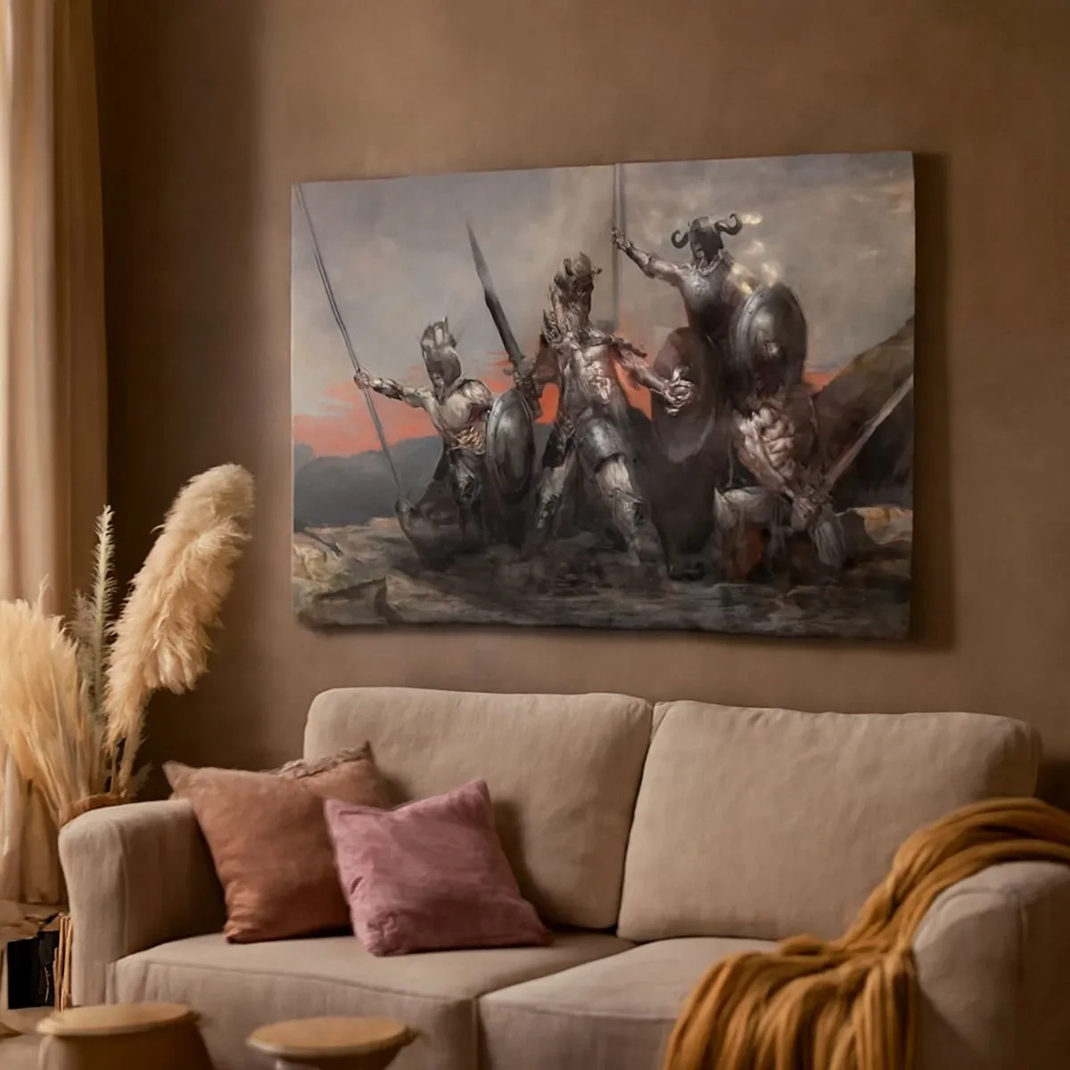 Canvas picture - A group of warriors in armor with spears against the backdrop of the sunset - 70x50cm - With Your Shield Or on It - Modern wall decoration for the living room and bedroom ARTTOR