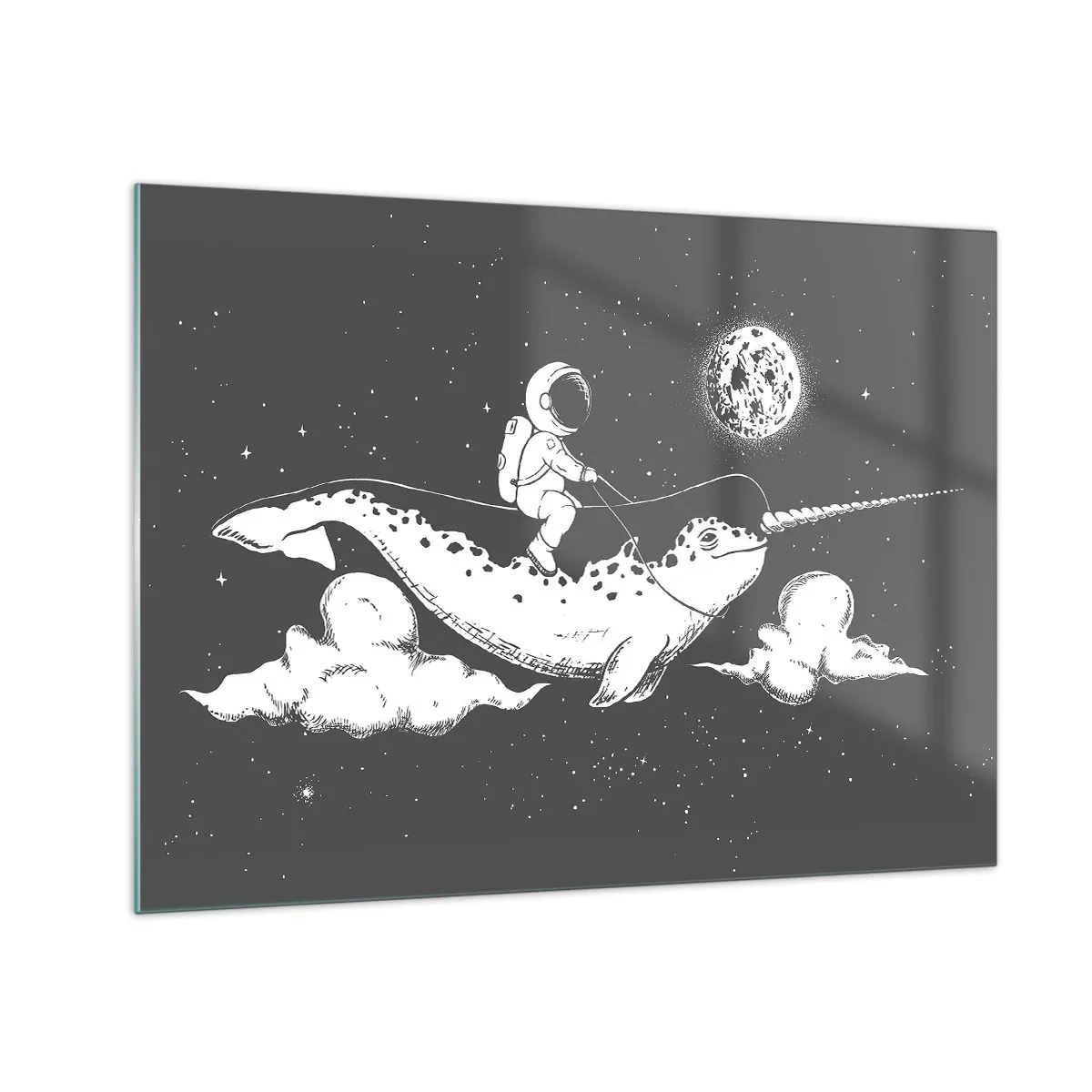 Glass picture - Astronaut riding a narwhal in a space setting - 70x50cm - Space Rider - Modern wall decoration for the living room and bedroom ARTTOR