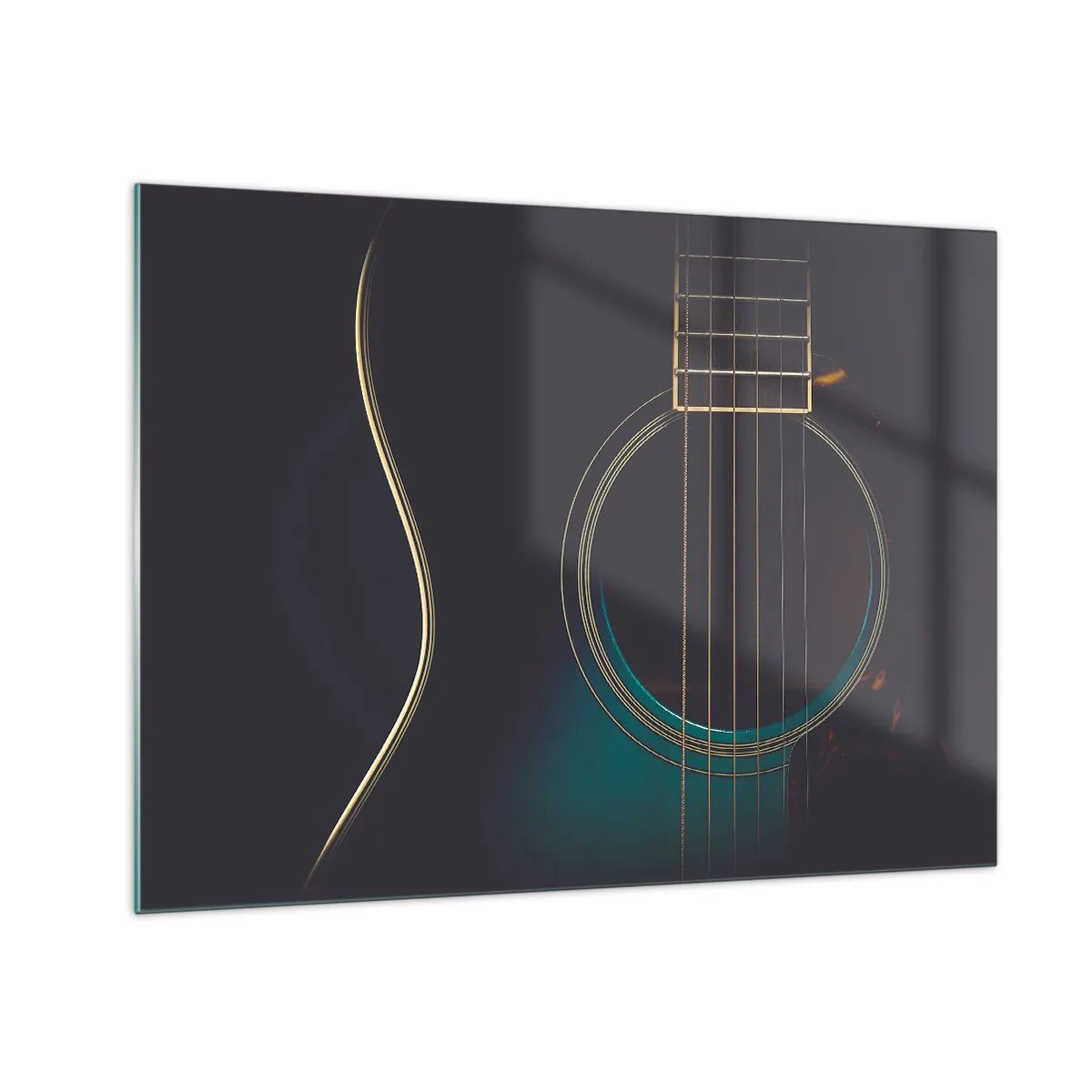 Glass picture - Close-up of a black acoustic guitar with string detail - 70x50cm - A Moment Before It Sounds - Modern wall decoration for the living room and bedroom ARTTOR