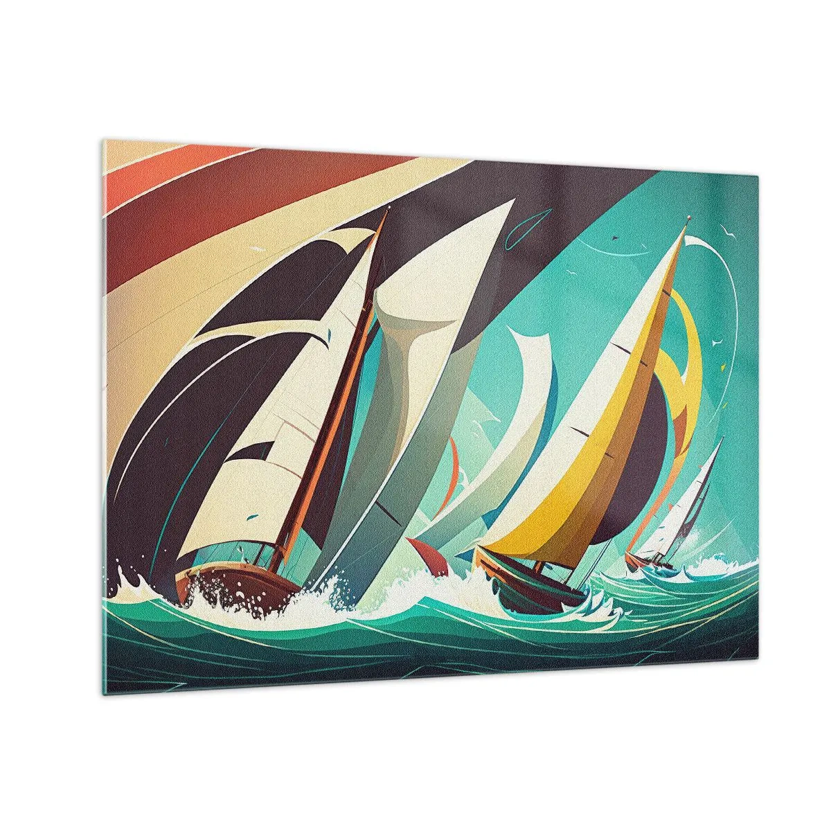 Glass picture - Retro style illustration of sailboats in a stormy sea - 70x50cm - Standing Up to Elements - Modern wall decoration for the living room and bedroom ARTTOR