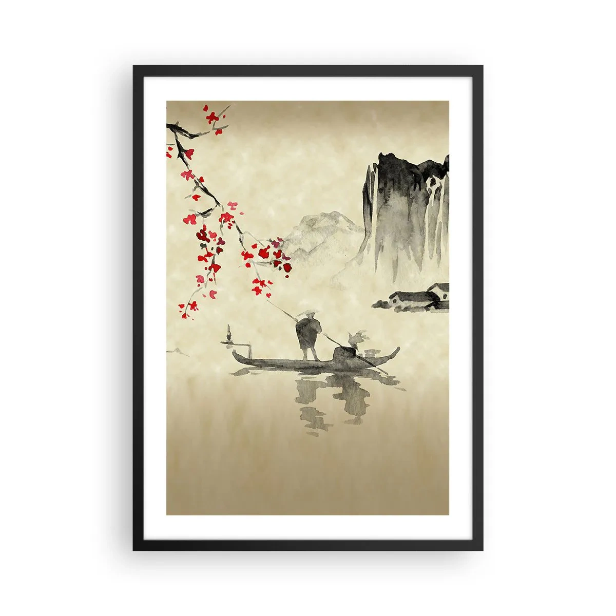 Poster in black frame - Oriental scene with fishermen on a boat - 50x70cm - In Cherry Blossom Country - Modern wall decoration for the living room and bedroom ARTTOR