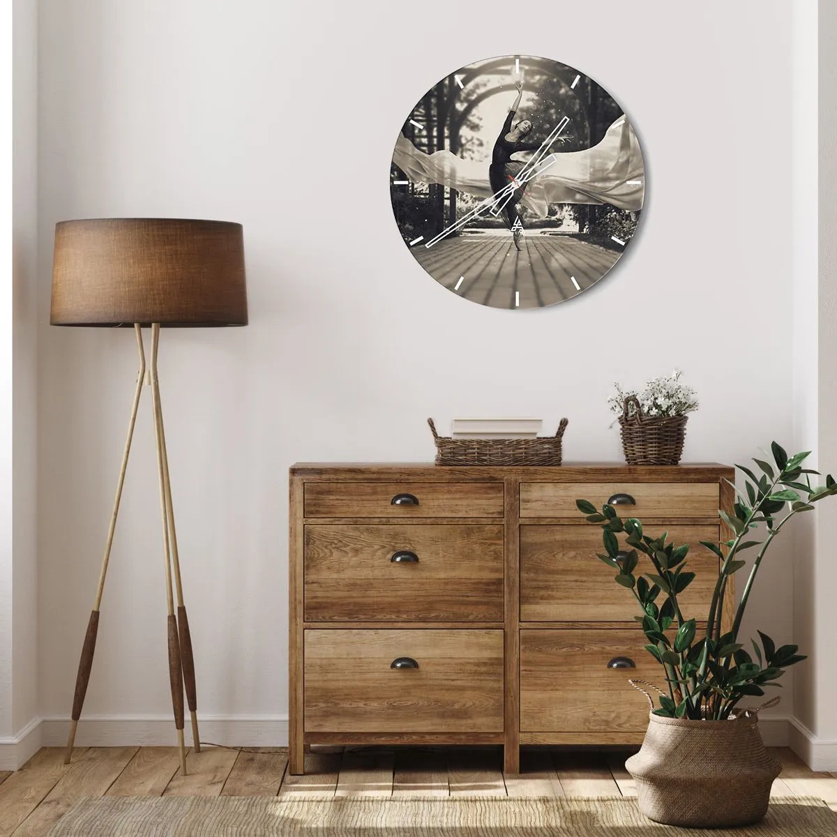 Wall clock - Clock on glass - A dancer in motion with flowing fabric in a black and white setting. - 30x30cm - Dance of the Garden Spirit - Modern wall decoration for the living room, kitchen, and bedroom ARTTOR