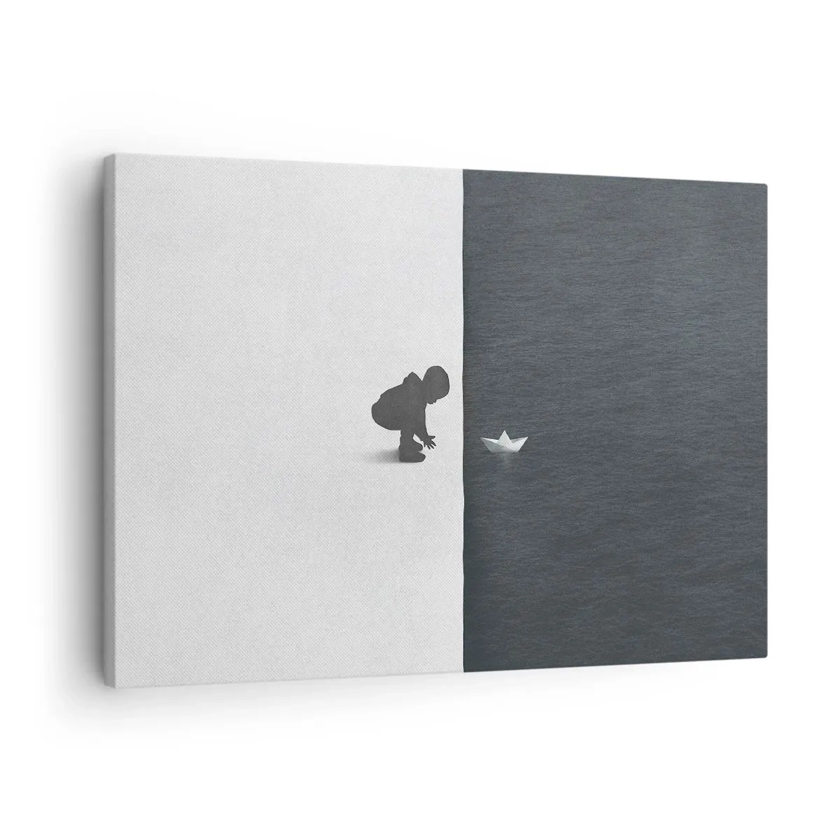 Canvas picture - A child's figure with a paper boat against a background of contrasting halves - 70x50cm - Big Voyage - Modern wall decoration for the living room and bedroom ARTTOR