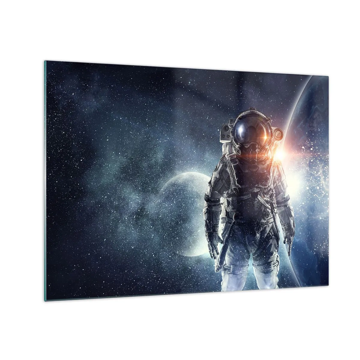 Glass picture - Astronaut against the backdrop of planets and stars - 70x50cm - Space Adventure - Modern wall decoration for the living room and bedroom ARTTOR