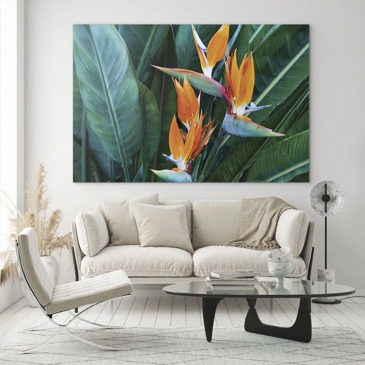 Glass picture - Exotic strelitzia flowers among large green leaves - 70x50cm - Is It a Flower or a Bird? - Modern wall decoration for the living room and bedroom ARTTOR