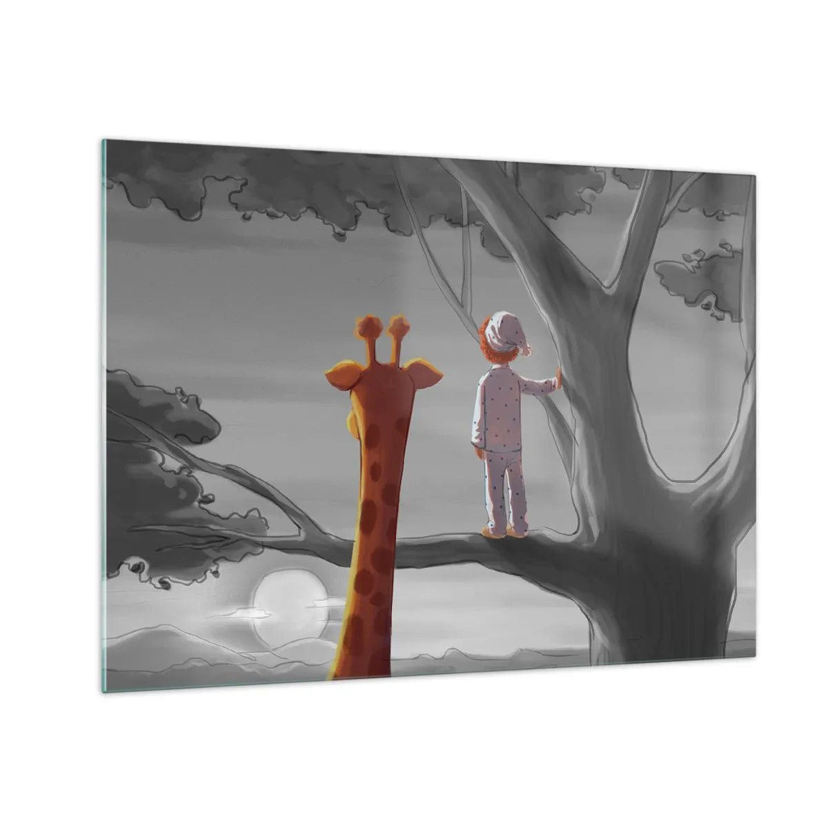 Glass picture - A child in pajamas and a giraffe watch the sunset from a tree. - 70x50cm - This Is Really Happening - Modern wall decoration for the living room and bedroom ARTTOR