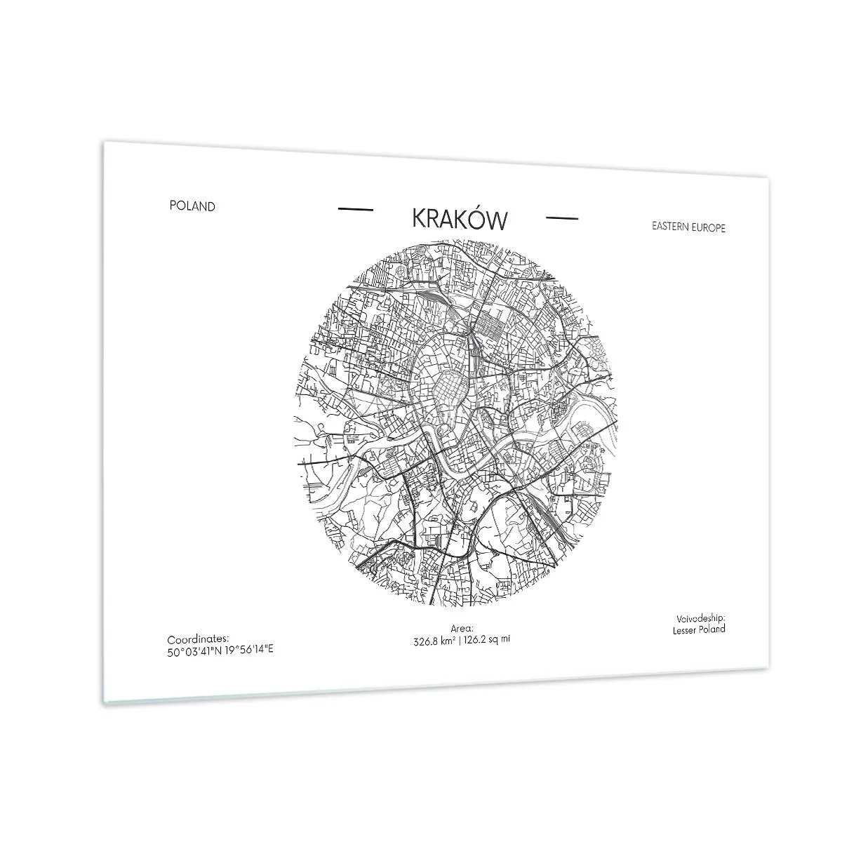 Glass picture - A map of Krakow in a black and white illustration style - 70x50cm - Anatomy of Crocow - Modern wall decoration for the living room and bedroom ARTTOR