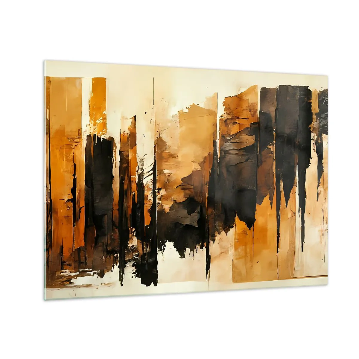 Glass picture - Golden-brown abstraction with vertical structures - 70x50cm - Harmony of Black and Gold - Modern wall decoration for the living room and bedroom ARTTOR