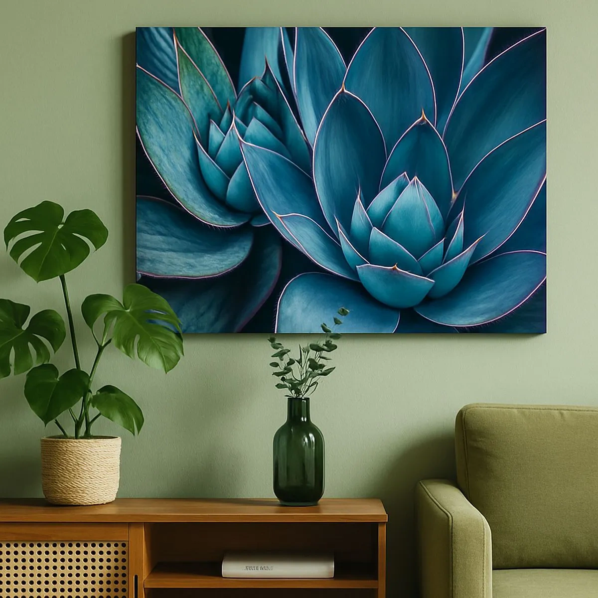 Canvas picture - Agave in shades of blue and green with pink accents - 70x50cm - Vital Strength - Modern wall decoration for the living room and bedroom ARTTOR