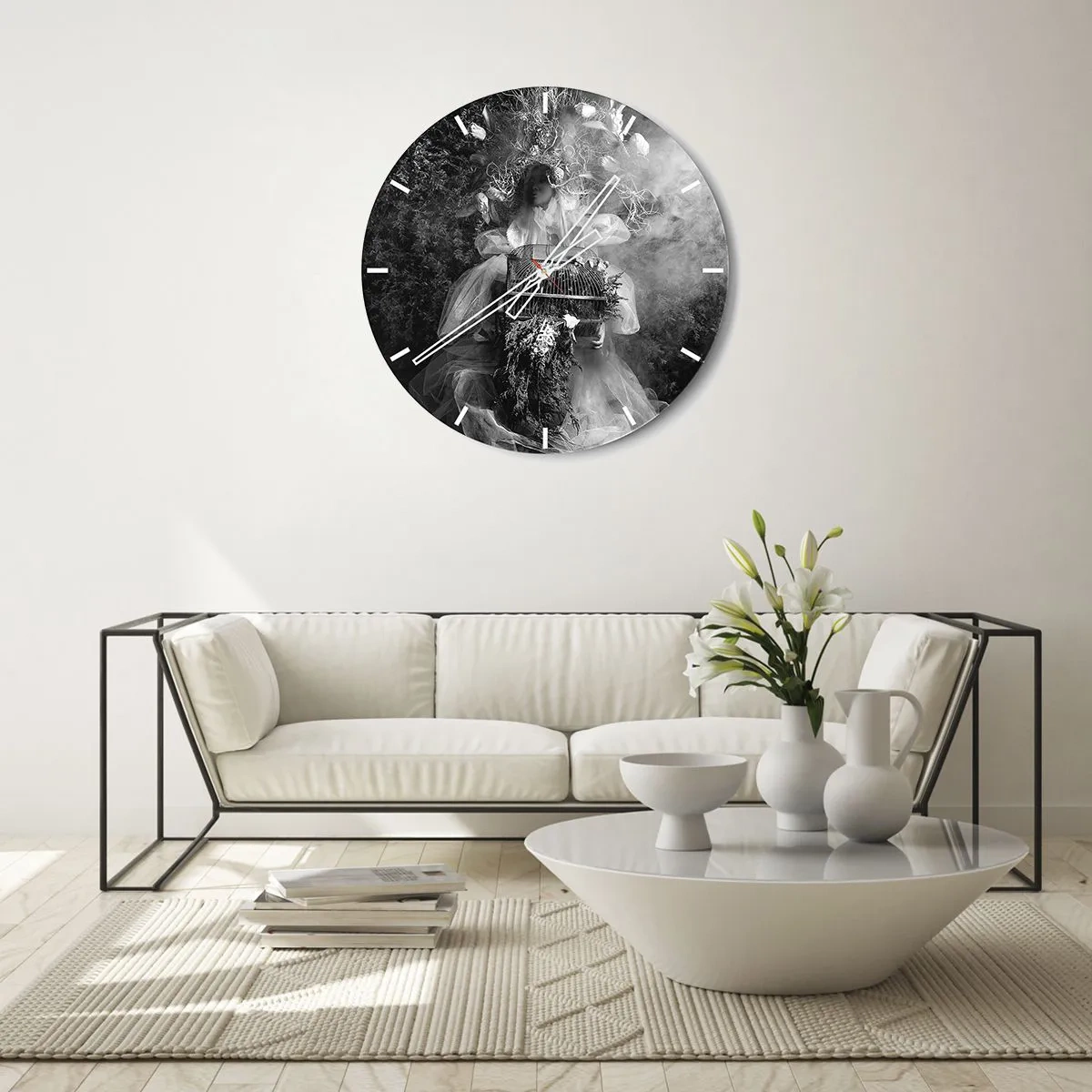 Wall clock - Clock on glass - Artistic figure with a cage and a floral composition in the smoke - 30x30cm - Mother Nature - Modern wall decoration for the living room, kitchen, and bedroom ARTTOR
