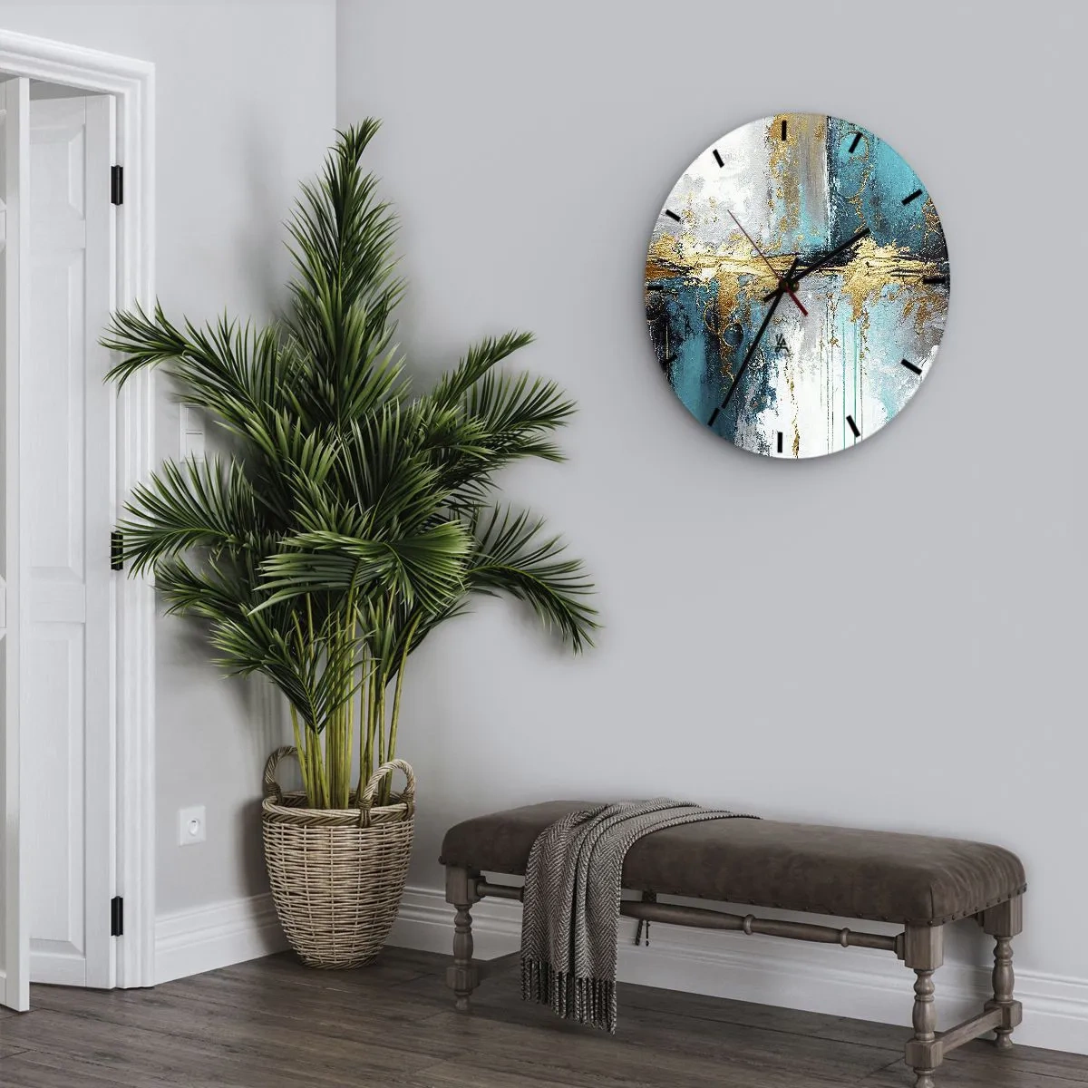 Wall clock - Clock on glass - Abstract paint strokes in turquoise, white, and gold - 30x30cm - Everything Flows - Modern wall decoration for the living room, kitchen, and bedroom ARTTOR