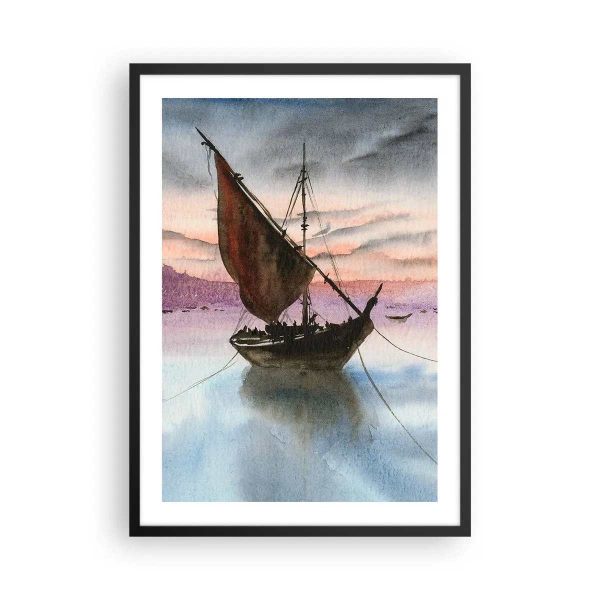 Poster in black frame - A sailing ship on calm water in the light of sunset - 50x70cm - Evening at the Port - Modern wall decoration for the living room and bedroom ARTTOR
