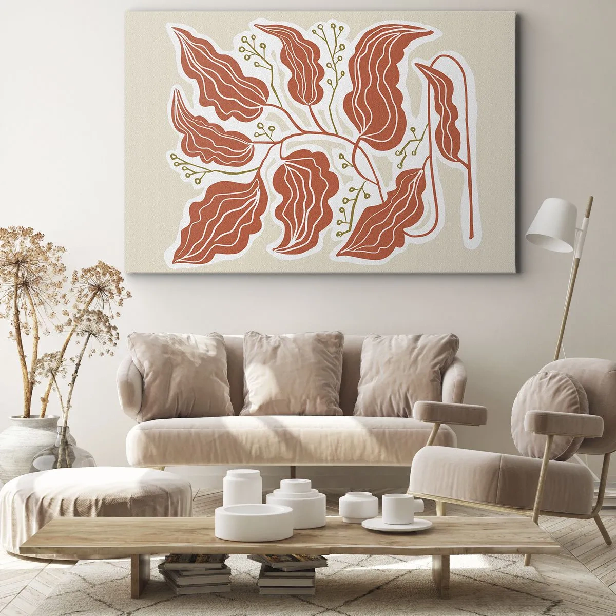 Canvas picture - A minimalist leaf motif in shades of orange and green. - 70x50cm - Folk and Coral - Modern wall decoration for the living room and bedroom ARTTOR