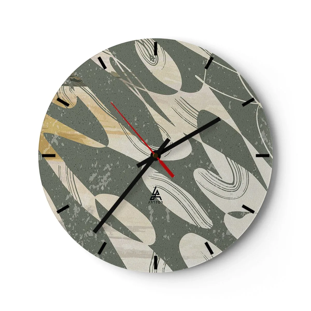 Wall clock - Clock on glass - Organic, rhythmic shapes on an olive background - 30x30cm - Rhytmic Abstract - Modern wall decoration for the living room, kitchen, and bedroom ARTTOR