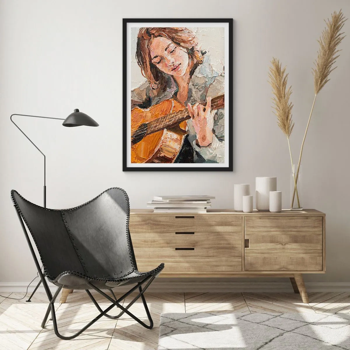 Poster in black frame - Portrait of a woman playing guitar in impasto style - 50x70cm - Concert for Guitar and Girly Heart - Modern wall decoration for the living room and bedroom ARTTOR