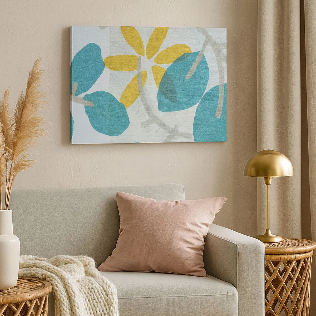 Canvas picture - Leaves in shades of turquoise and yellow on a light background - 70x50cm - Among Azure Leaves - Modern wall decoration for the living room and bedroom ARTTOR