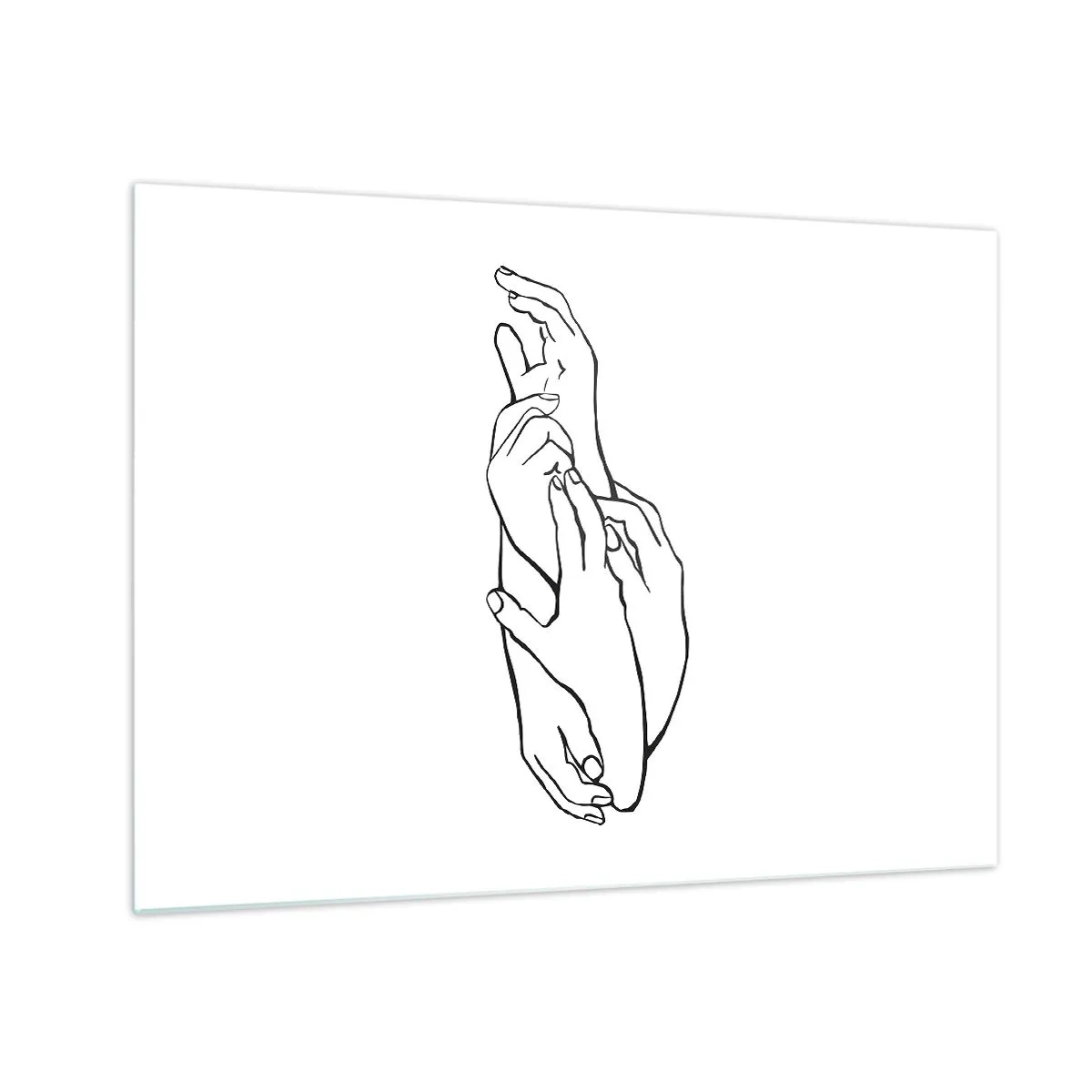 Glass picture - A subtle linear drawing of clasped hands on a white background. - 70x50cm - Good Touch - Modern wall decoration for the living room and bedroom ARTTOR