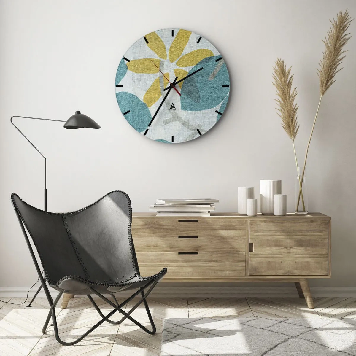 Wall clock - Clock on glass - Yellow and turquoise leaves on a light, linen-textured background - 30x30cm - Among Azure Leaves - Modern wall decoration for the living room, kitchen, and bedroom ARTTOR