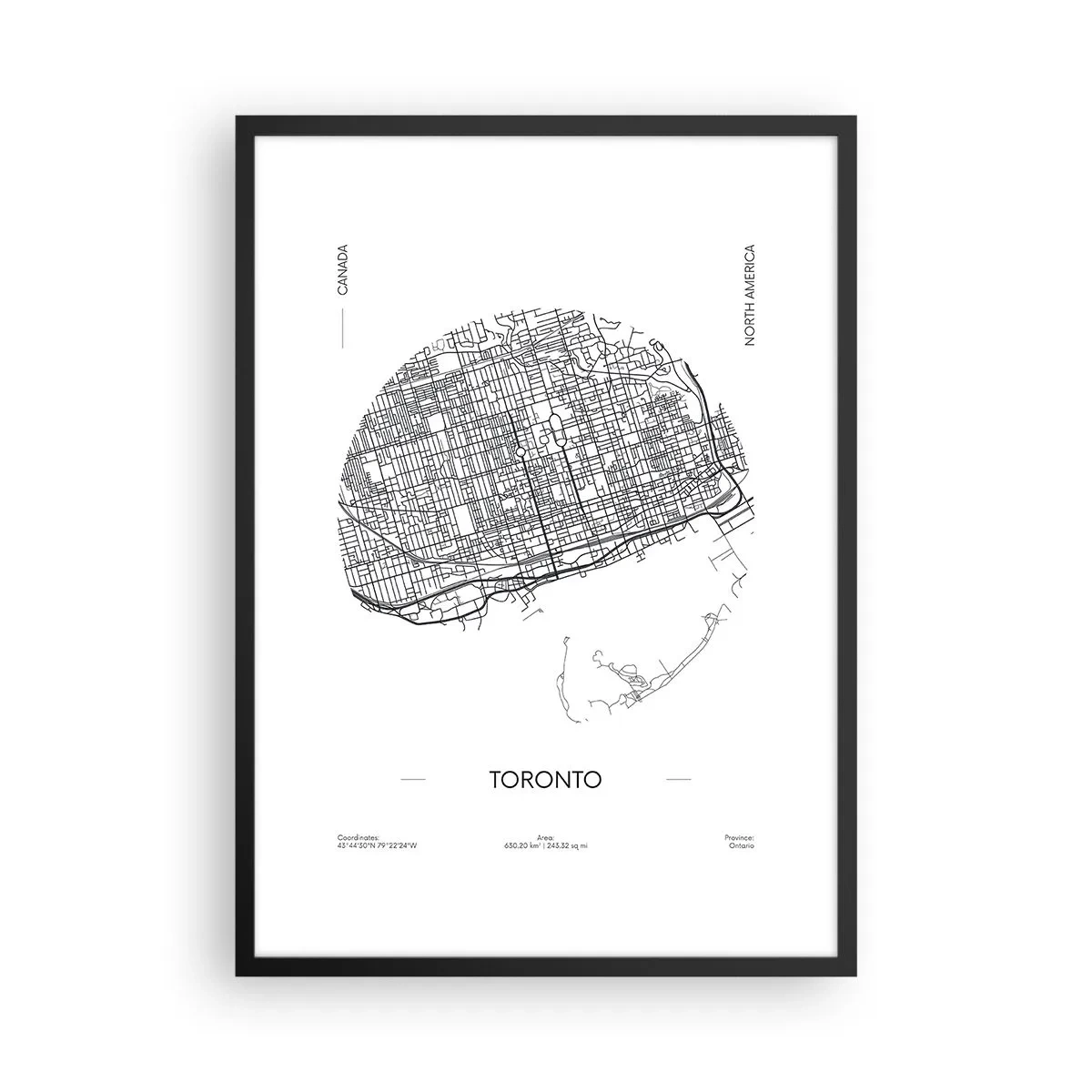 Poster in black frame - A minimalist black and white map of Toronto - 50x70cm - Anatomy of Toronto - Modern wall decoration for the living room and bedroom ARTTOR