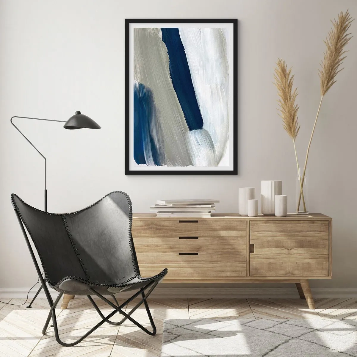 Poster in black frame - Abstract brushstrokes in shades of navy blue - 50x70cm - Encounter with White - Modern wall decoration for the living room and bedroom ARTTOR