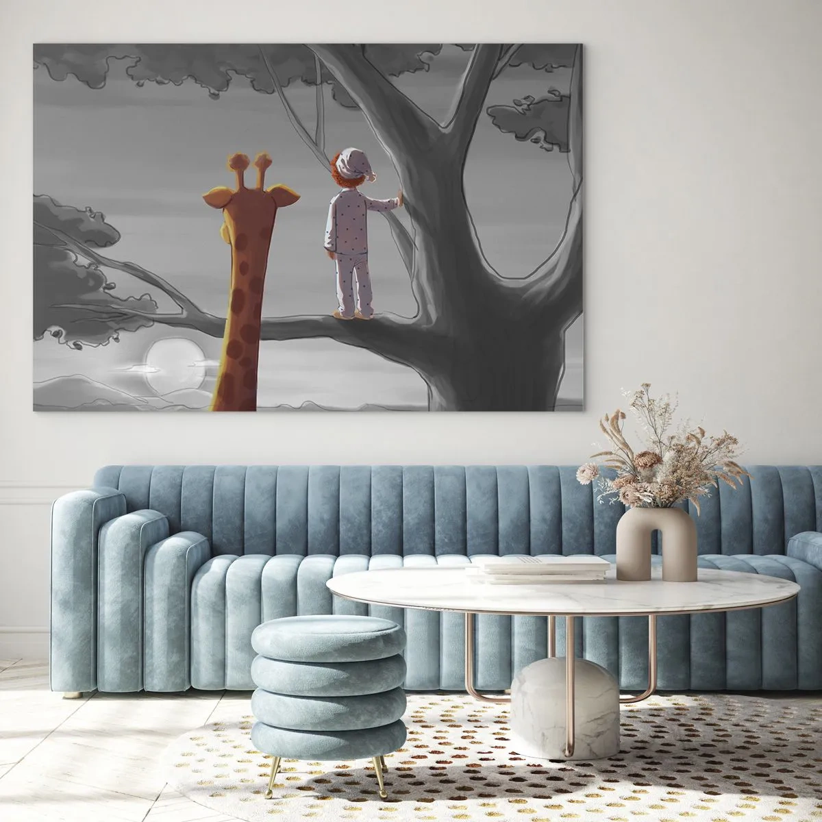 Glass picture - A child in pajamas and a giraffe watch the sunset from a tree. - 70x50cm - This Is Really Happening - Modern wall decoration for the living room and bedroom ARTTOR