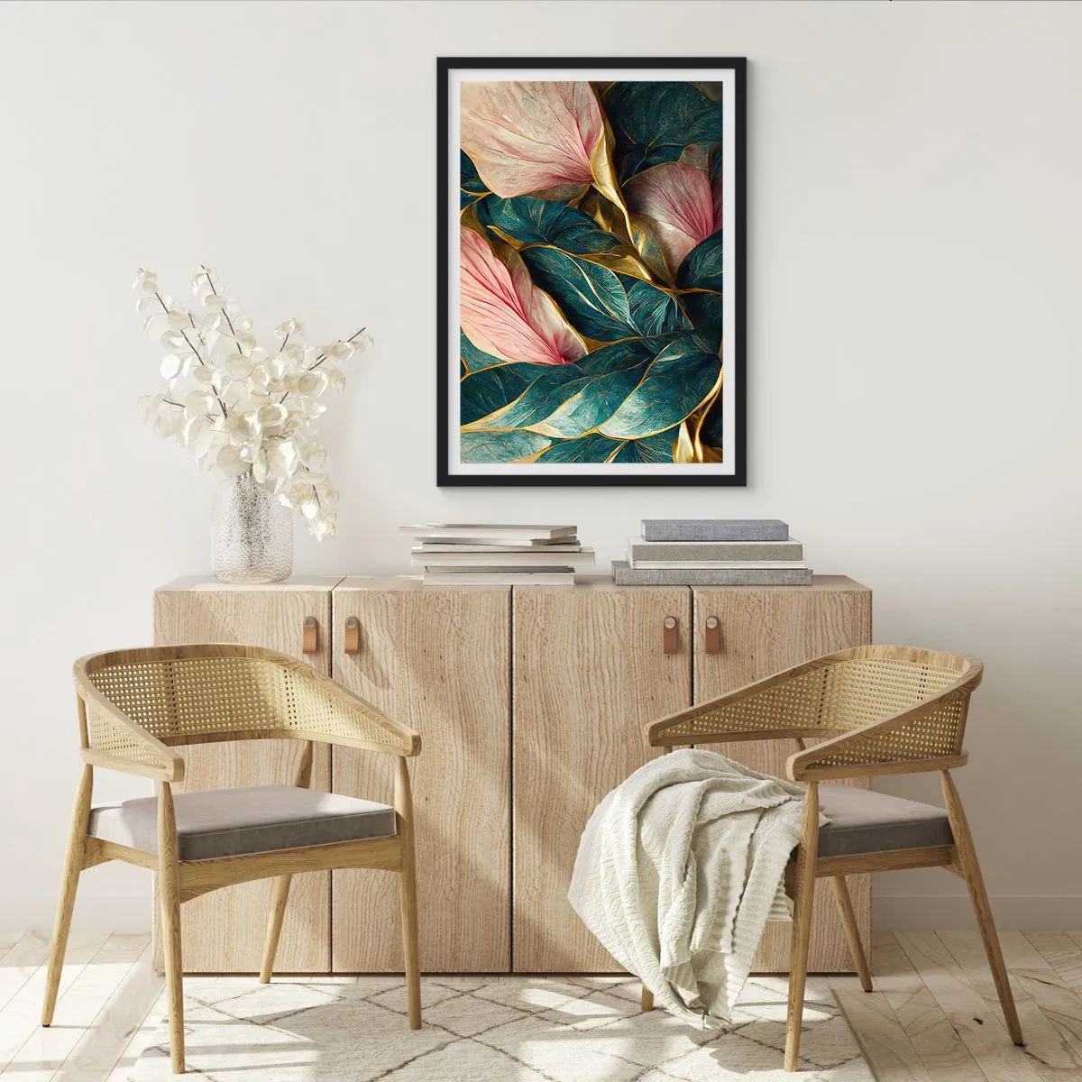 Poster in black frame - An elegant composition of leaves in shades of green, gold and pink - 50x70cm - Natural Elegance and Style - Modern wall decoration for the living room and bedroom ARTTOR