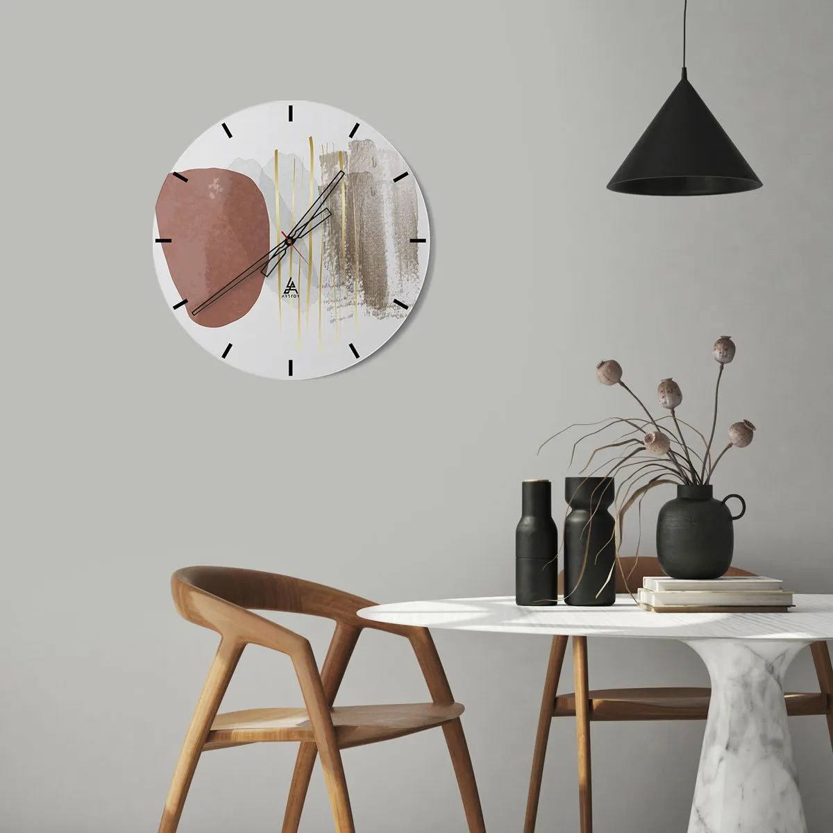 Wall clock - Clock on glass - Minimalist abstract forms in beige and brown shades - 30x30cm - Abstract Colonnade - Modern wall decoration for the living room, kitchen, and bedroom ARTTOR