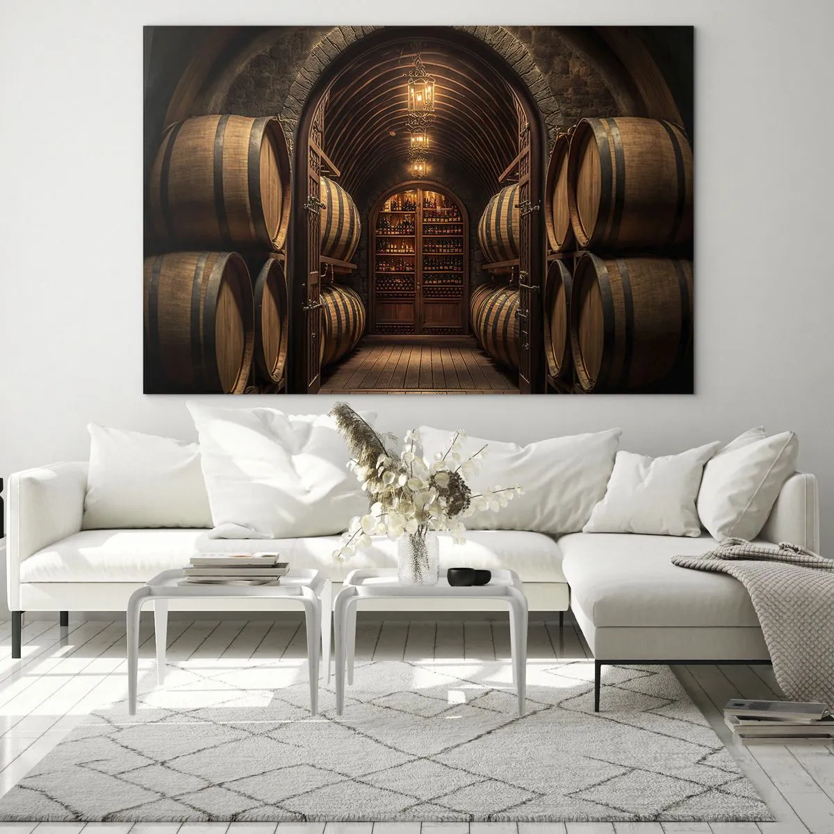 Glass picture - A vineyard with barrels and a lit cellar full of bottles - 70x50cm - Atmospheric Cellar - Modern wall decoration for the living room and bedroom ARTTOR