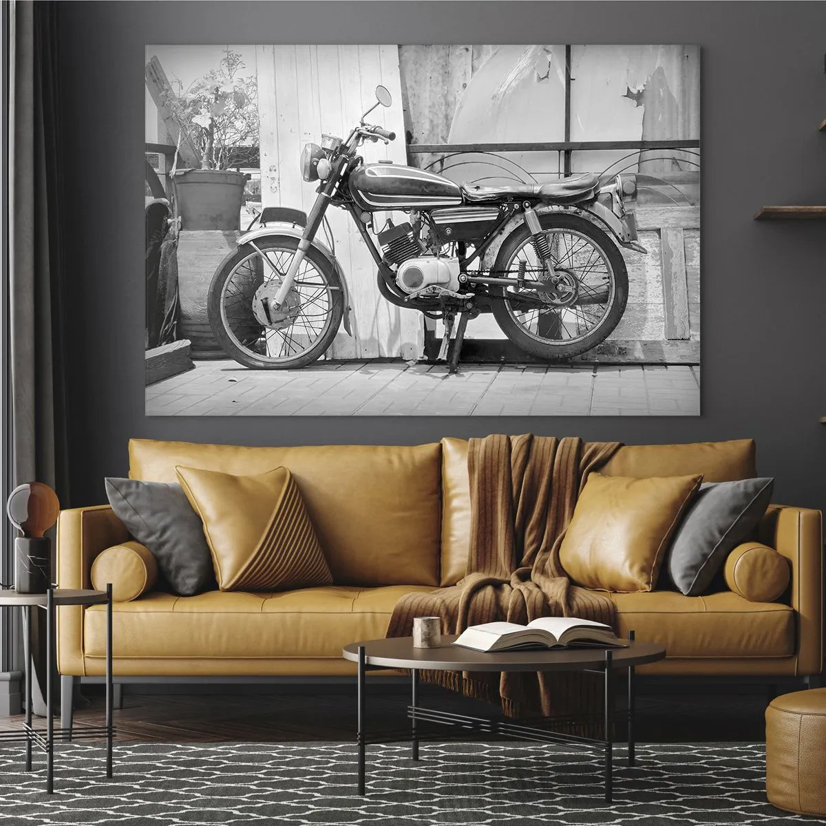Glass picture - A retro-style motorcycle standing against a wooden wall - 70x50cm - Classics above All - Modern wall decoration for the living room and bedroom ARTTOR