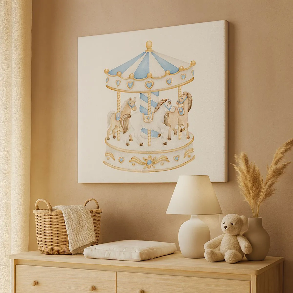 Canvas picture - A carousel in pastel colors on a white background - 70x50cm - Sweet Childhood - Modern wall decoration for the living room and bedroom ARTTOR