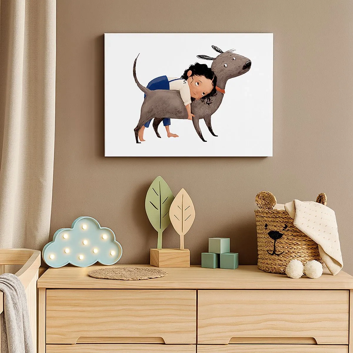 Canvas picture - Cartoon-style illustration of a child hugging a dog - 70x50cm - Best Friends - Modern wall decoration for the living room and bedroom ARTTOR