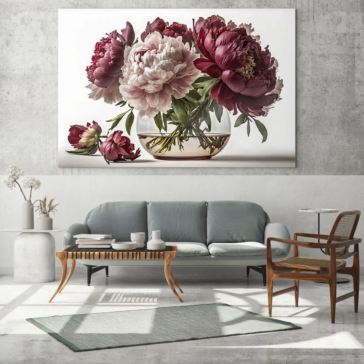 Glass picture - A bouquet of peonies in a glass vase on a light background - 70x50cm - In Full Bloom of Beauty - Modern wall decoration for the living room and bedroom ARTTOR