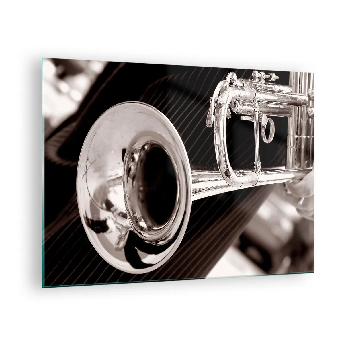 Glass picture - Silver trumpet on a sepia striped background - 70x50cm - Musical Journey to the 30-ies - Modern wall decoration for the living room and bedroom ARTTOR