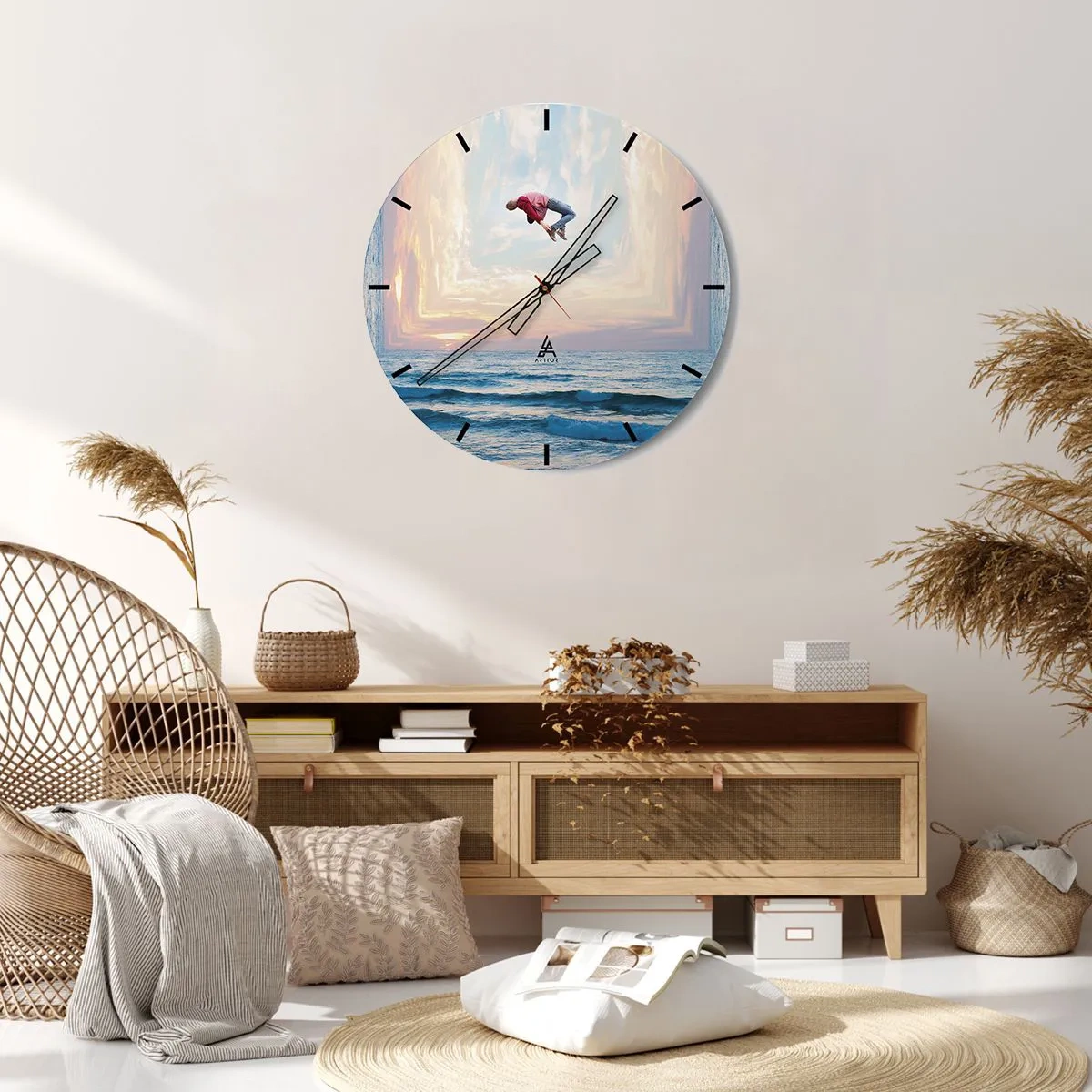 Wall clock - Clock on glass - A jumping figure by the sea in a surreal landscape - 30x30cm - To Another Dimension - Modern wall decoration for the living room, kitchen, and bedroom ARTTOR