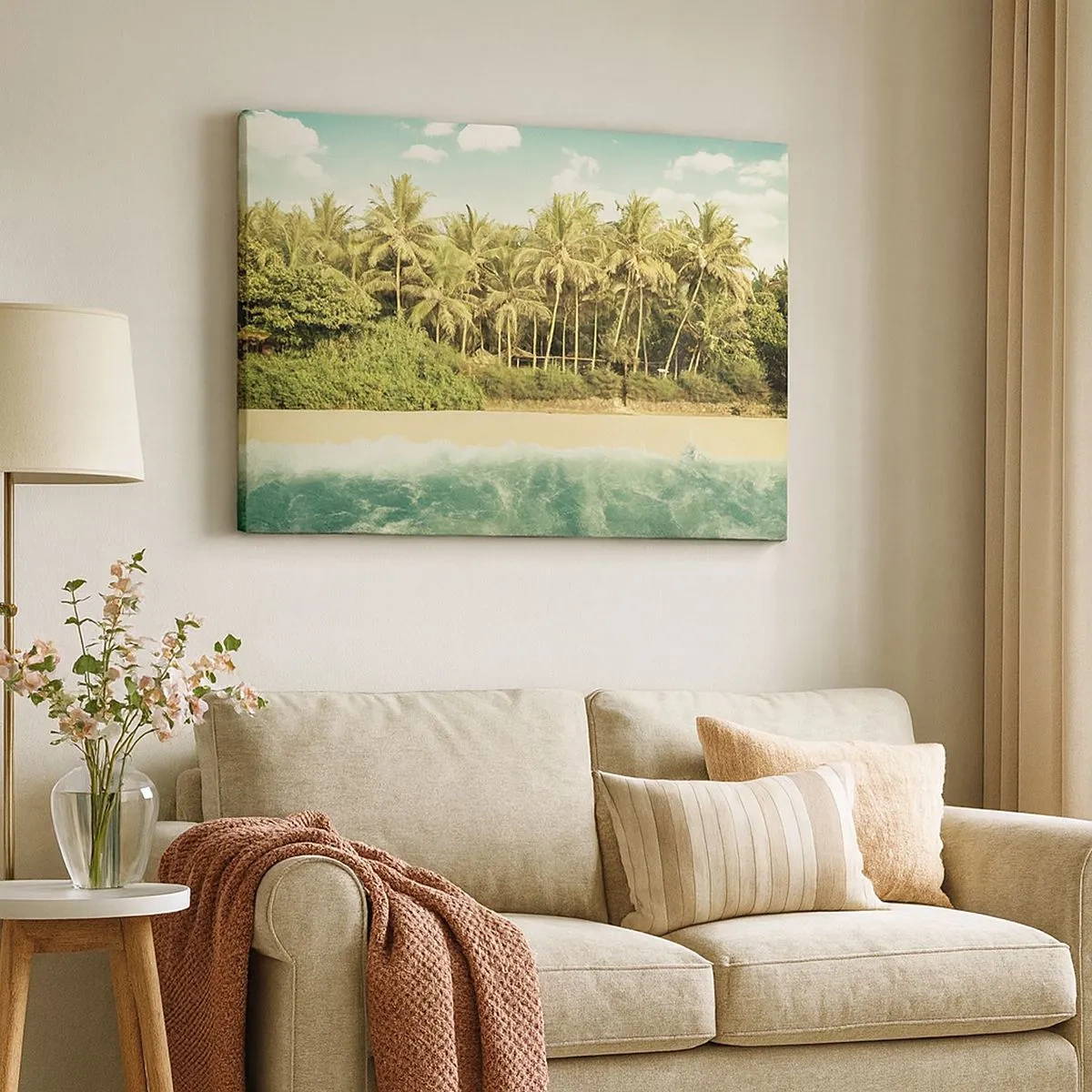 Canvas picture - Tropical beach with palm trees and turquoise sea - 70x50cm - How about Here? - Modern wall decoration for the living room and bedroom ARTTOR