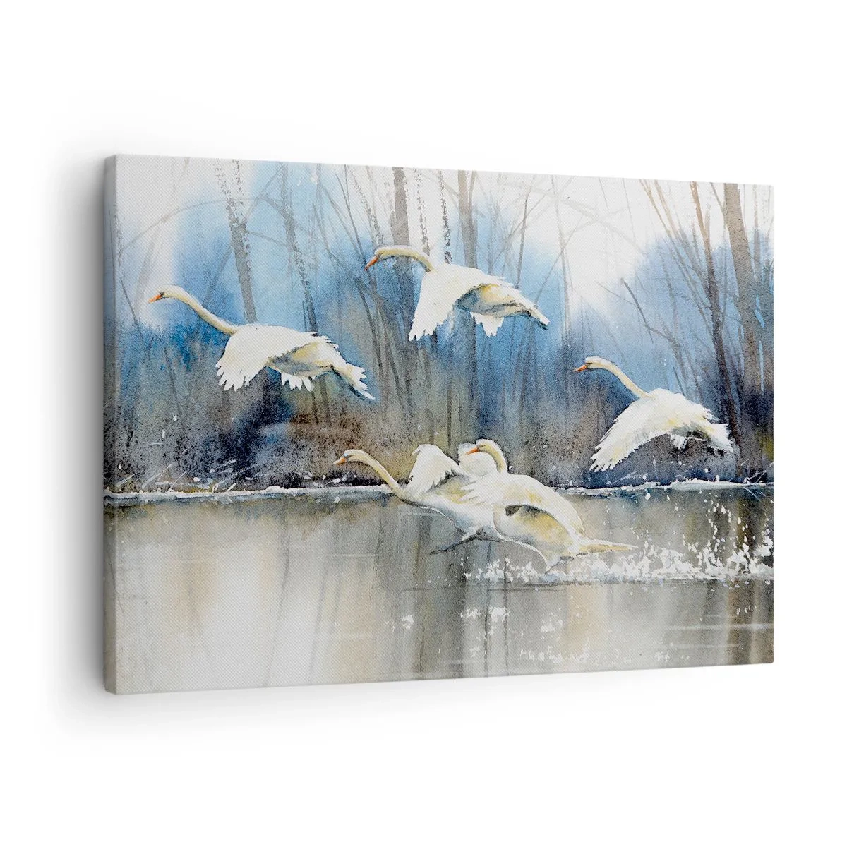 Canvas picture - Swans in flight over a frozen lake in a winter landscape - 70x50cm - Like in a Fairy Tale about Wild Swans - Modern wall decoration for the living room and bedroom ARTTOR
