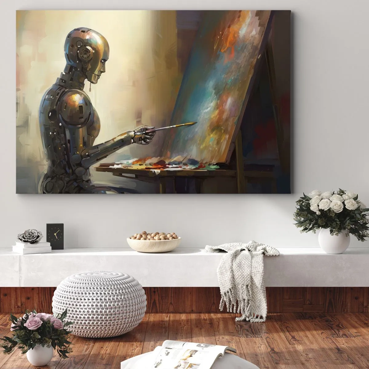 Canvas picture - A robot painting on a canvas in an artistic style - 70x50cm - Art of the Future - Modern wall decoration for the living room and bedroom ARTTOR
