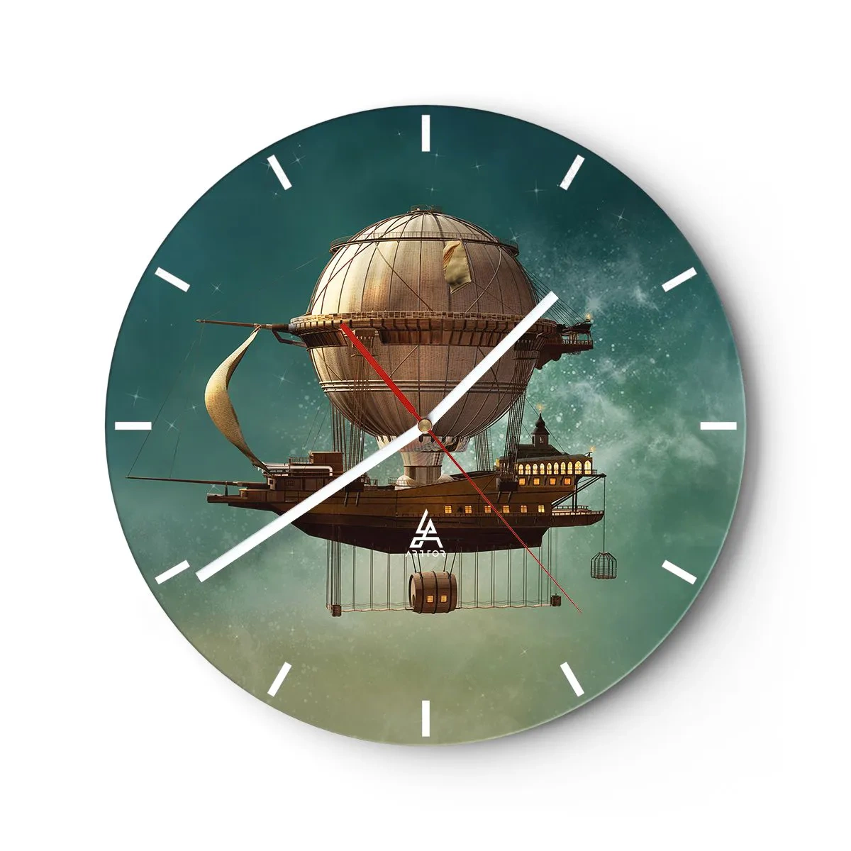 Wall clock - Clock on glass - A fantastic retro airship floating in the clouds - 30x30cm - Greetings from Jules Verne - Modern wall decoration for the living room, kitchen, and bedroom ARTTOR
