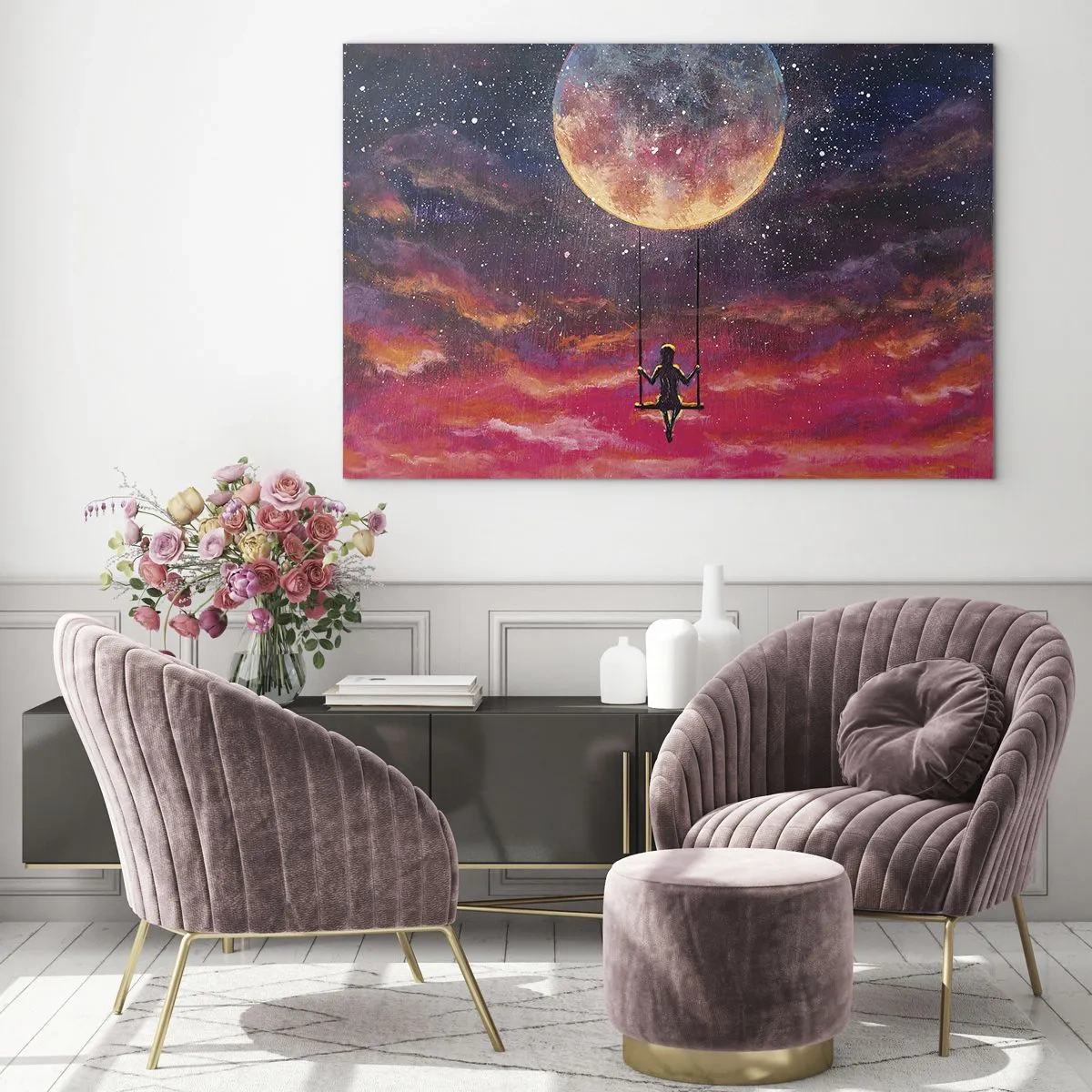 Glass picture - A girl on a swing suspended under the moon - 70x50cm - Swinging in the Clouds - Modern wall decoration for the living room and bedroom ARTTOR